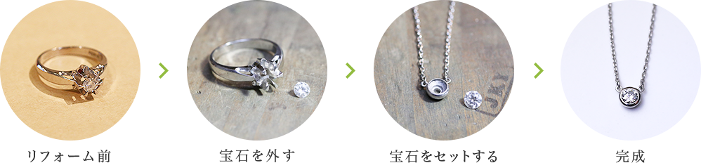 リフォーム前→宝石を外す→宝石をセットする→完成